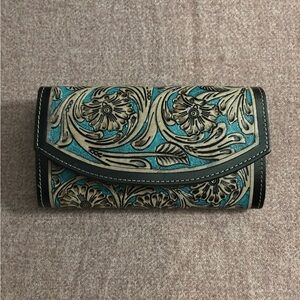 Western Hand Tooled Floral Black and Turquoise Women's Wallet